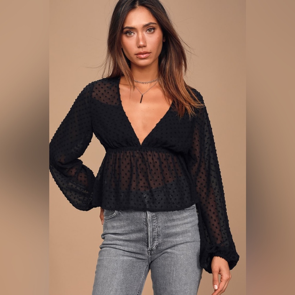 M Black Lulus Balloon Sleeve Peplum Top